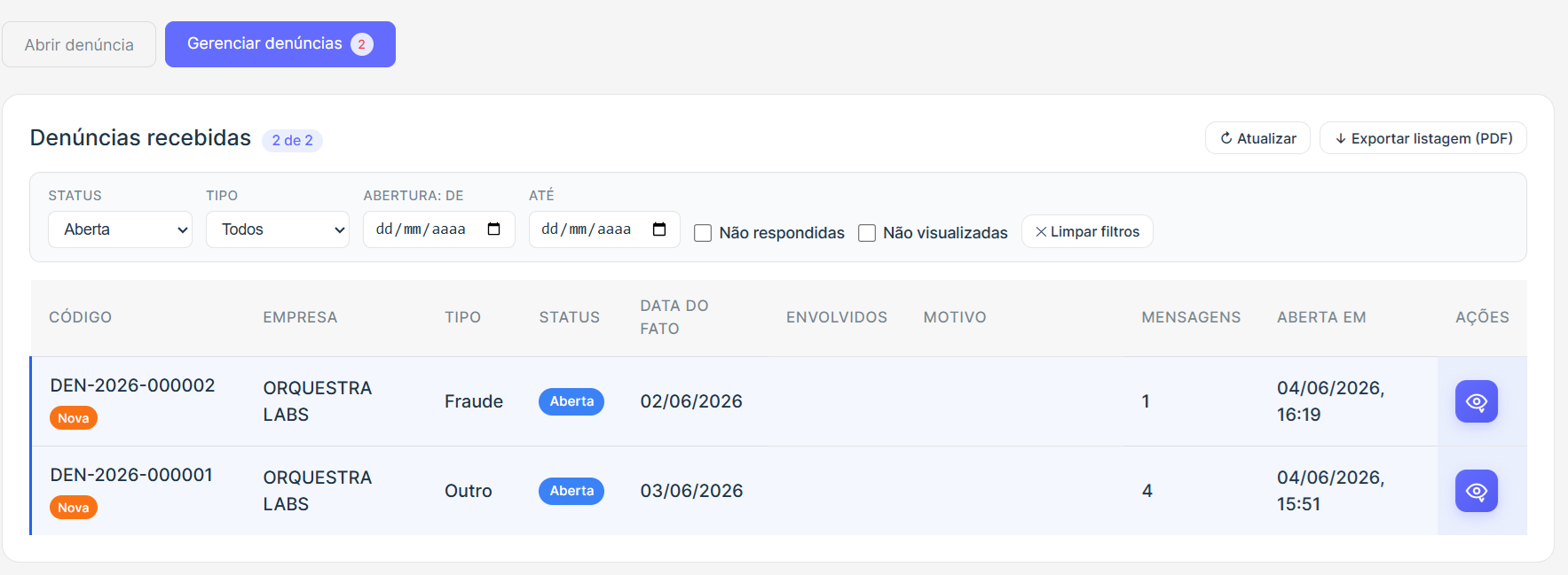 Tela de acompanhamento de denúncia no OFIRH